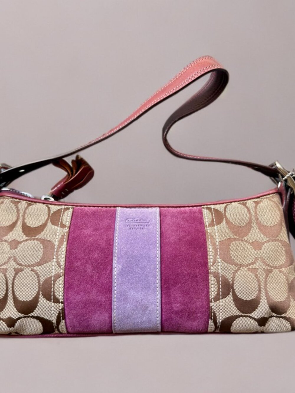 Coach Y2K Signature Purple Suede Stripe East West Shoulder Bag 8K09